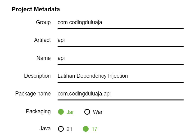 tampilan setup project metadata.