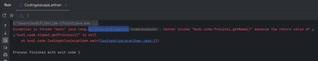 contoh output NullPointerException