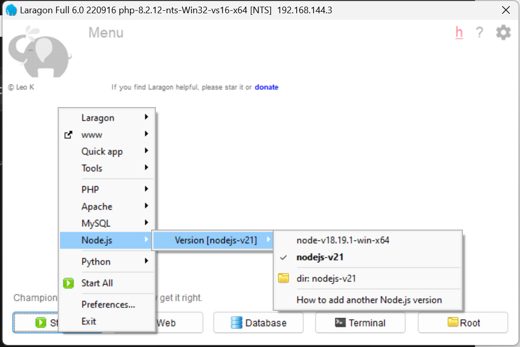 pilihan versi Node.js setelah menambahkan versi node.js di laragon
